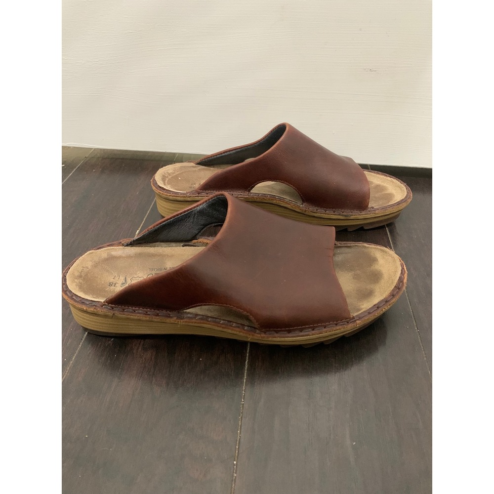 Naot Brown Leather Slide Sandals Made in Israel Comfort Platform Size 38